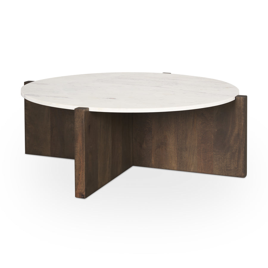 Three-quarter perspective highlighting the thin marble surface and the architectural geometry of the dark wood base