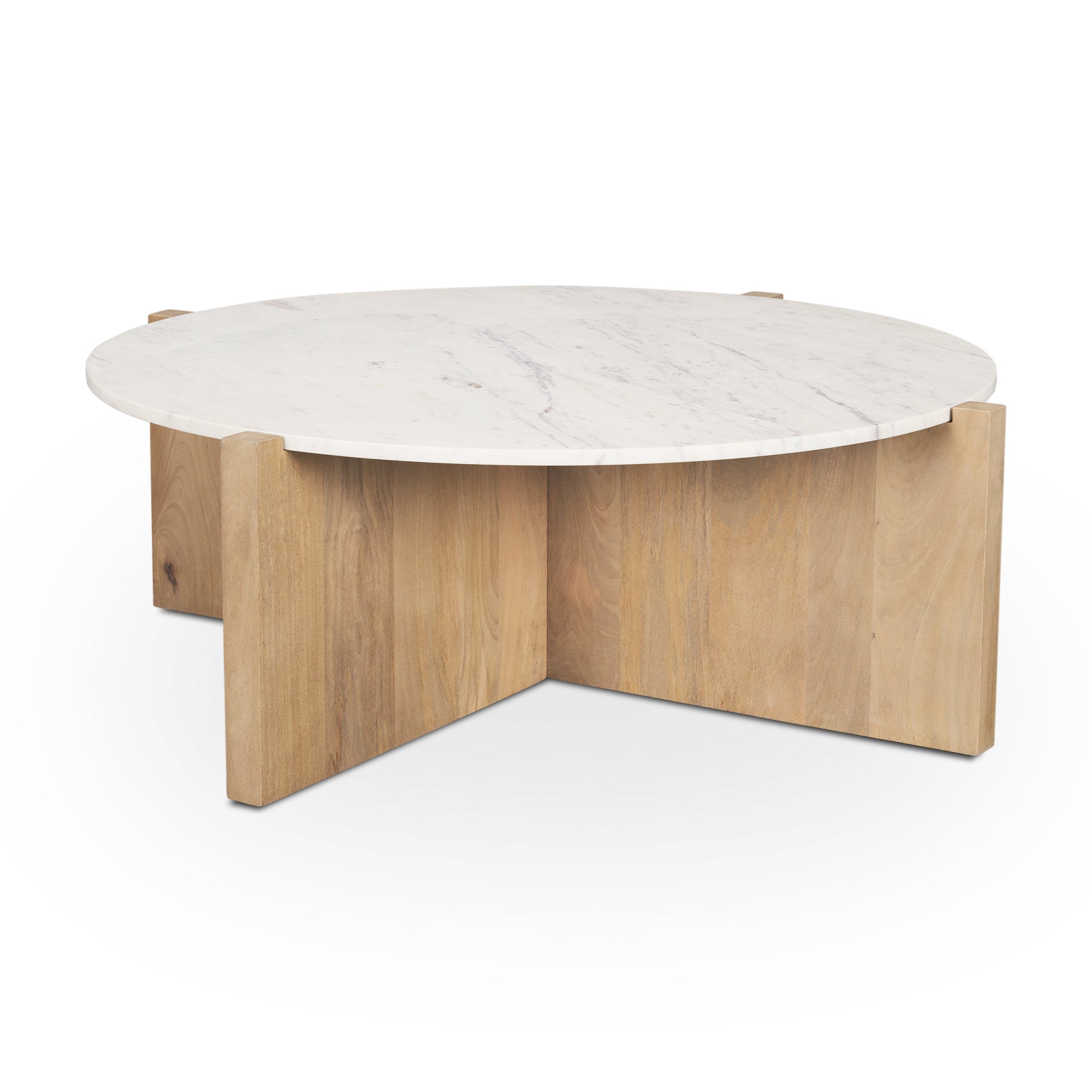 Front view showcasing the Bianca coffee table design with a light oak wood base and a circular white marble top