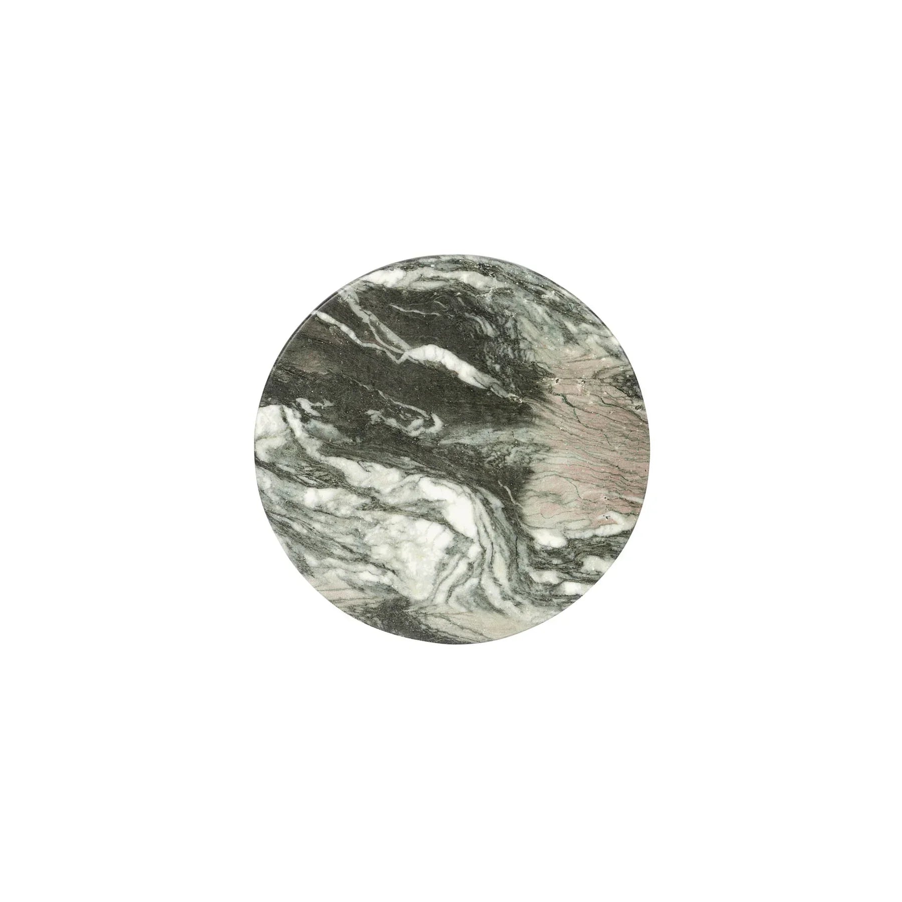 Three-quarter view of the Binx side table featuring a sculptural hourglass silhouette crafted from forest green marble with dramatic swirling veining