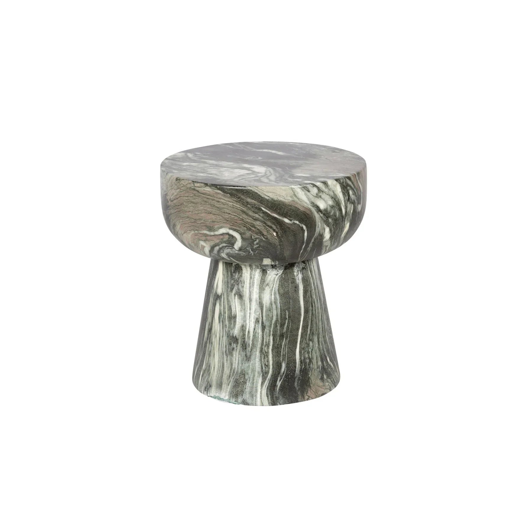 Three-quarter view of the Binx side table featuring a sculptural hourglass silhouette crafted from forest green marble with dramatic swirling veining