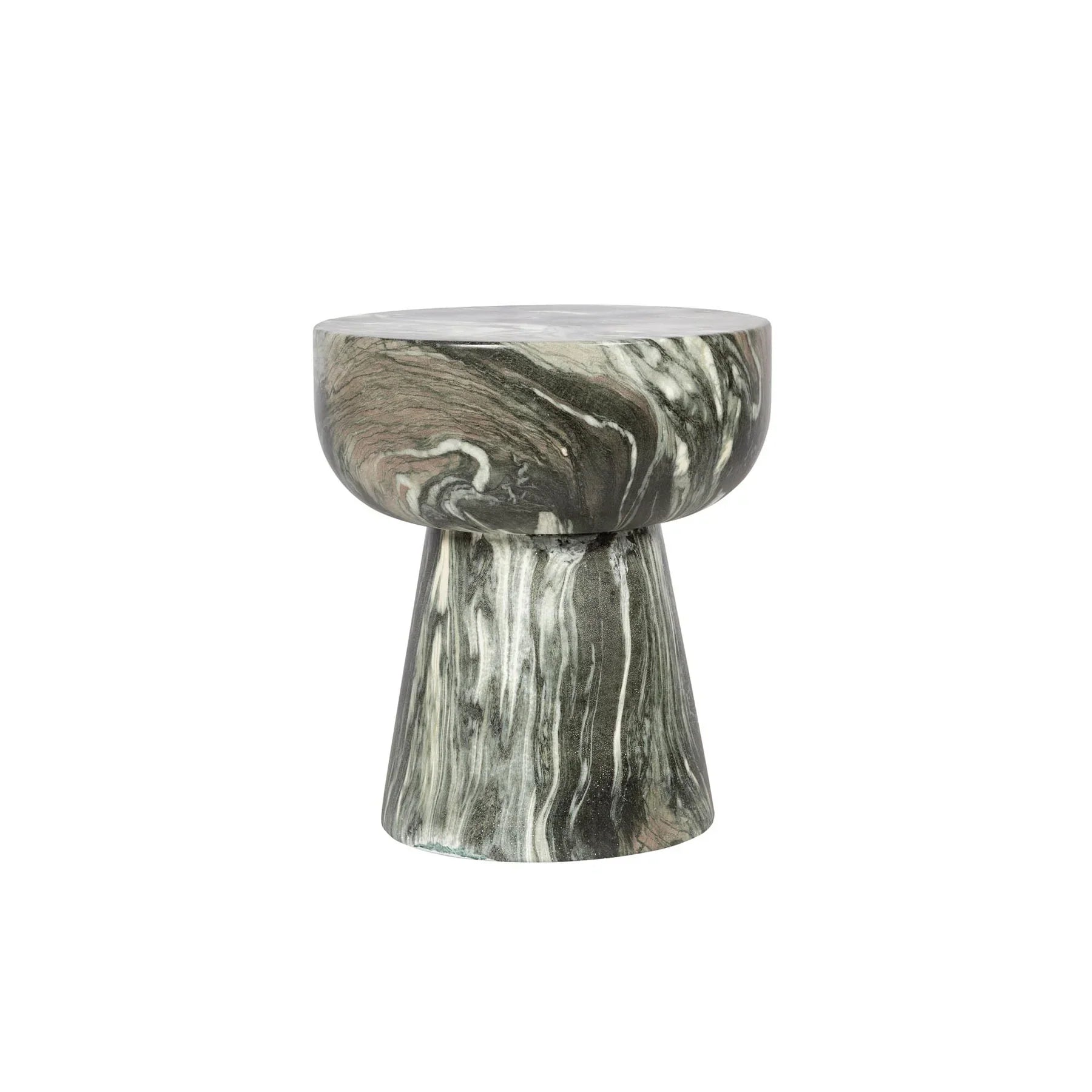 Three-quarter view of the Binx side table featuring a sculptural hourglass silhouette crafted from forest green marble with dramatic swirling veining