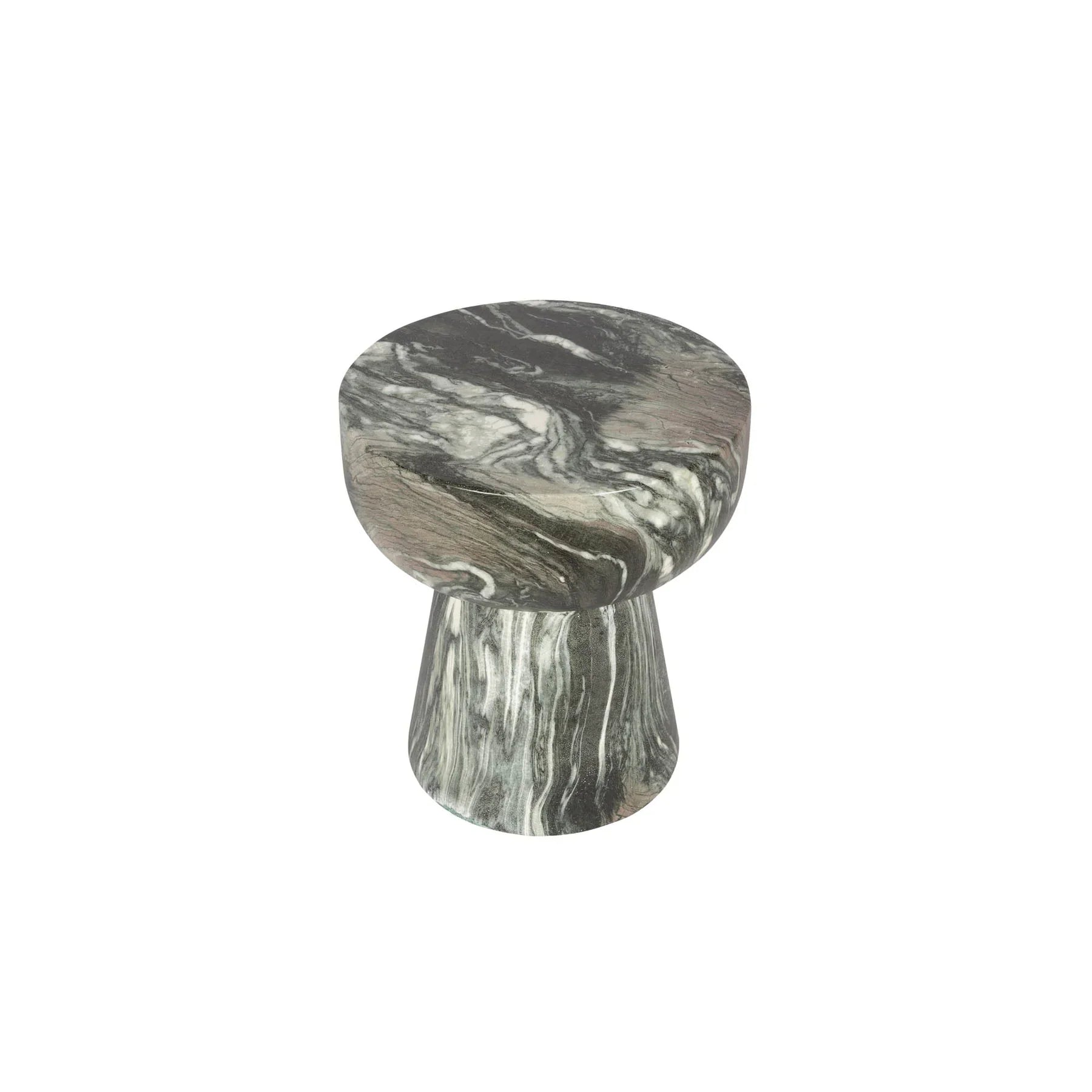 Three-quarter view of the Binx side table featuring a sculptural hourglass silhouette crafted from forest green marble with dramatic swirling veining