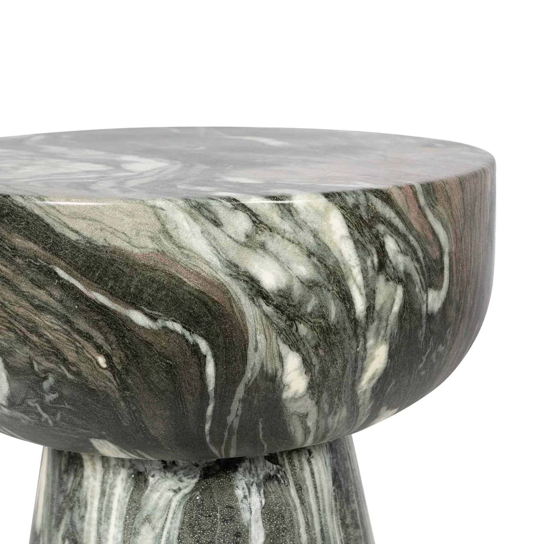 Three-quarter view of the Binx side table featuring a sculptural hourglass silhouette crafted from forest green marble with dramatic swirling veining