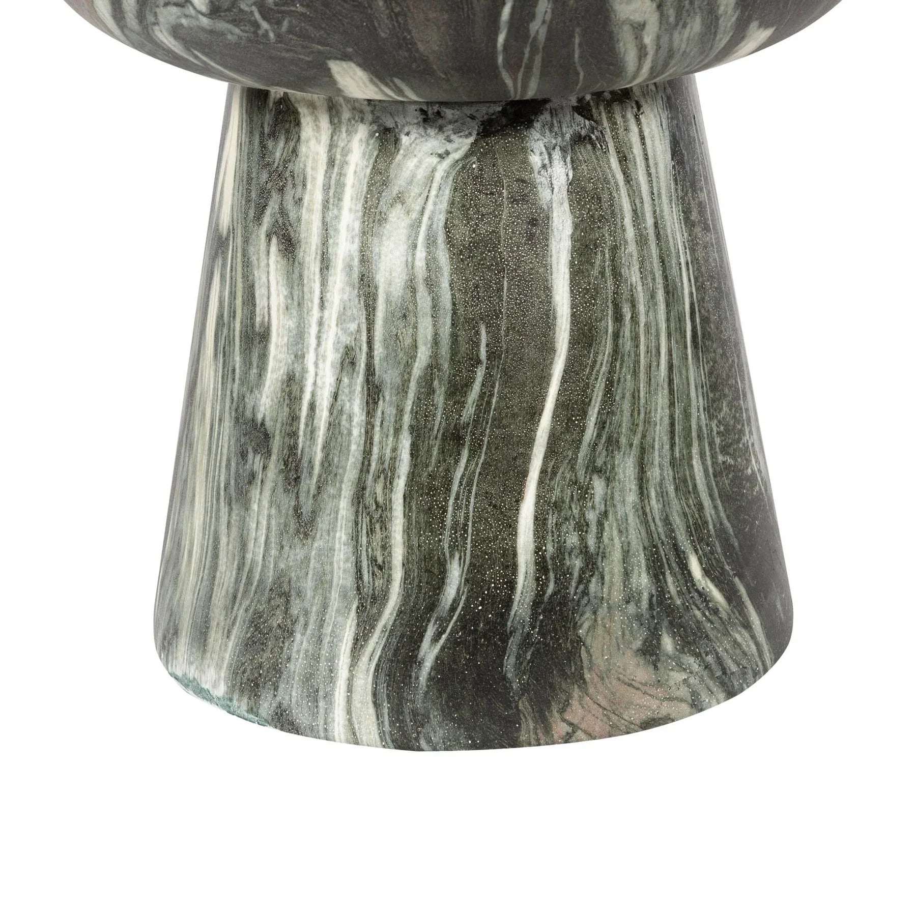 Three-quarter view of the Binx side table featuring a sculptural hourglass silhouette crafted from forest green marble with dramatic swirling veining