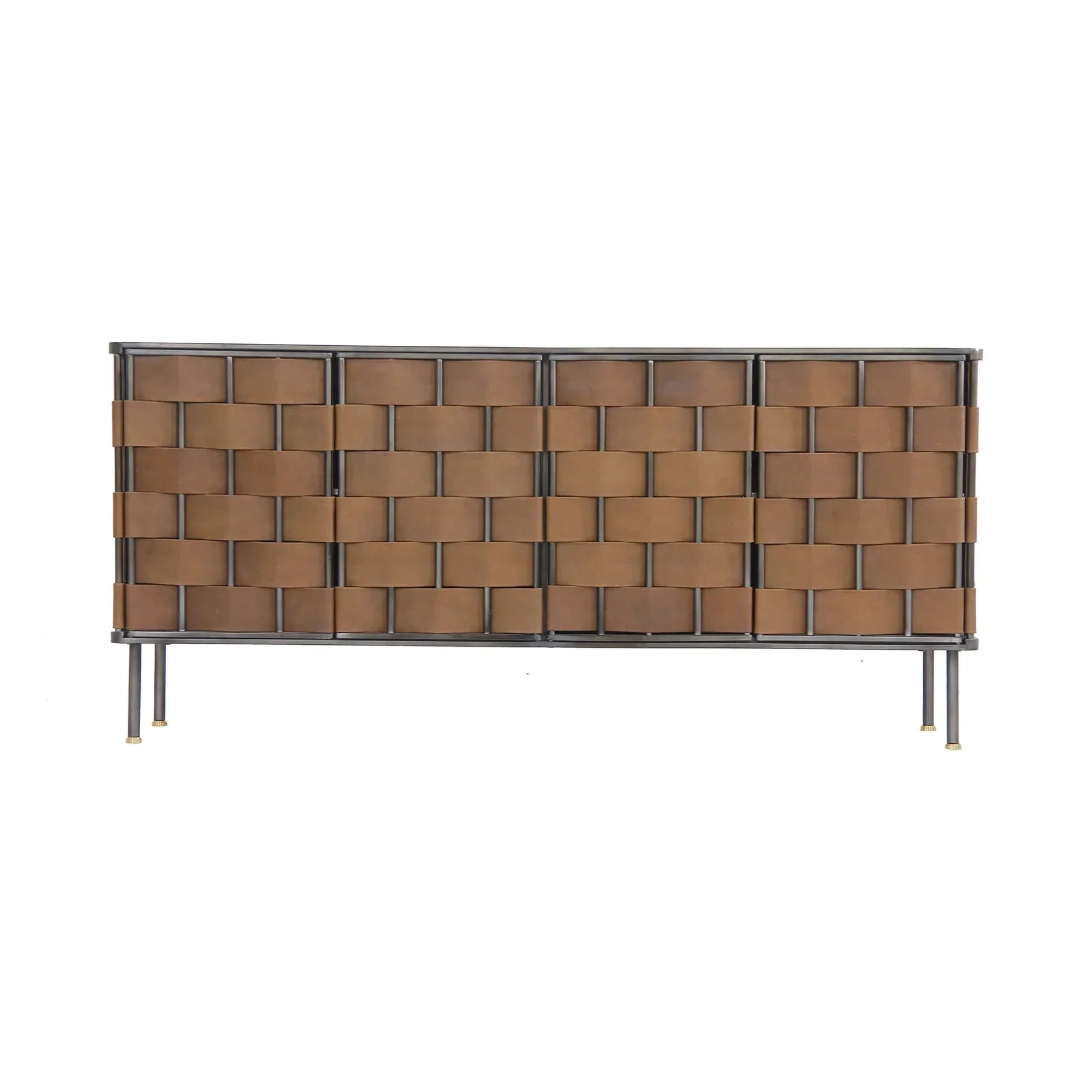 Front view of the Bishop sideboard featuring a hand-woven cognac brown leather panel design set within a slim dark metal frame