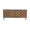 Front view of the Bishop sideboard featuring a hand-woven cognac brown leather panel design set within a slim dark metal frame