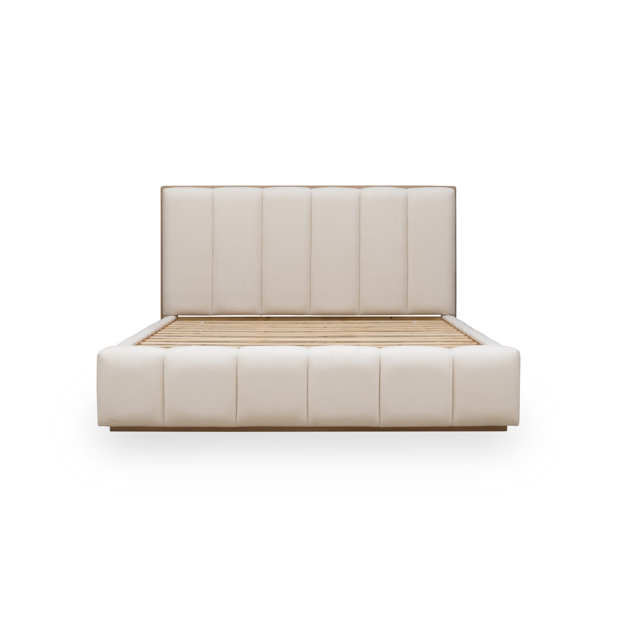 Front view of the Bjorn upholstered platform bed featuring vertical channel tufting in cotton fabric with a natural chai wood base