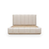 Front view of the Bjorn upholstered platform bed featuring vertical channel tufting in cotton fabric with a natural chai wood base