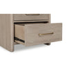 Low-angle view with the bottom drawer open showcasing the smooth black metal side glides and spacious internal storage