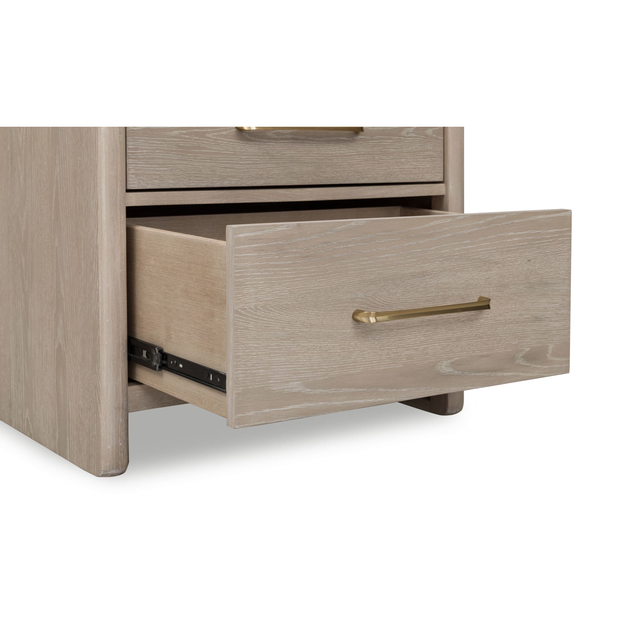 Front view of the Bjorn 2-drawer nightstand in a neutral chai oak finish featuring a minimalist box frame and elegant brass handles