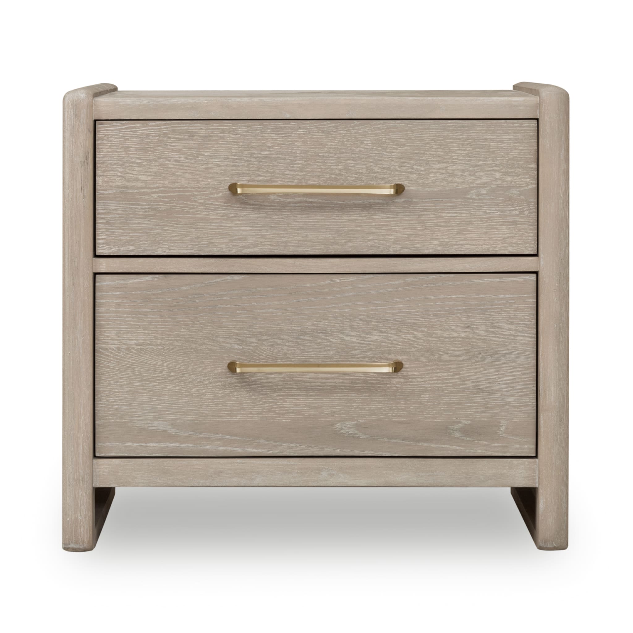 Front view of the Bjorn 2-drawer nightstand in a neutral chai oak finish featuring a minimalist box frame and elegant brass handles
