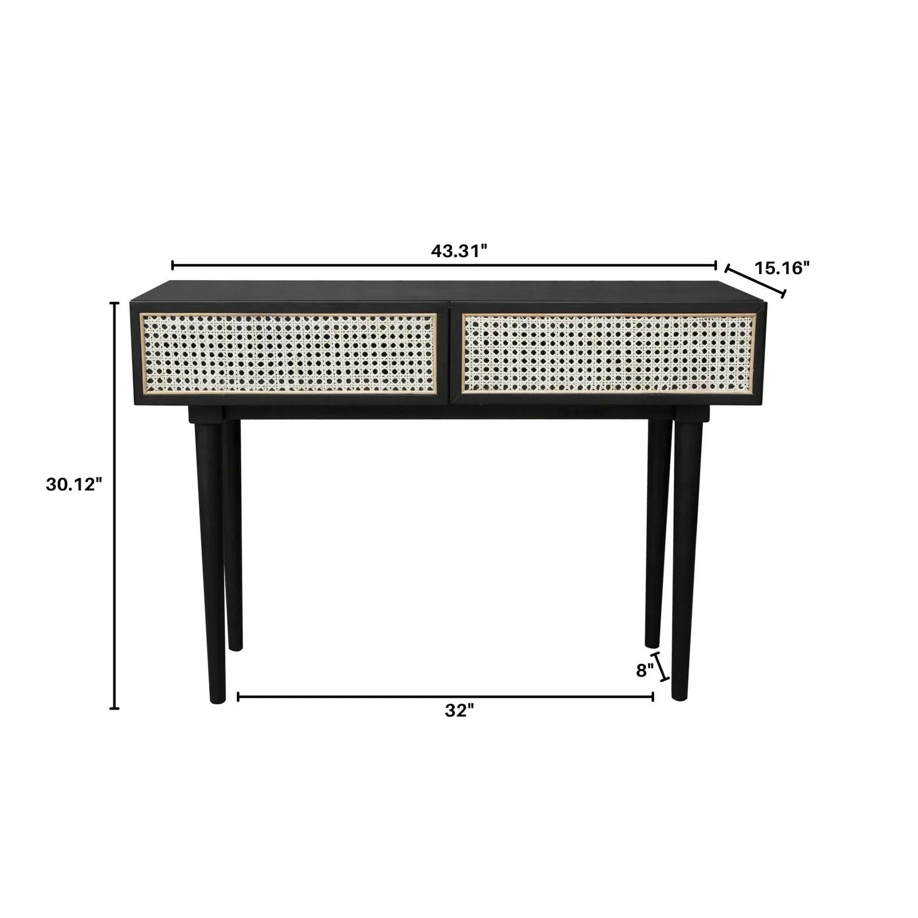 Front view of the Cane console table in a black finish featuring two drawers with natural woven rattan inlays and slim tapered legs