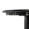 Side view showing the smooth cylindrical pedestal base and the stable under-mount support structure
