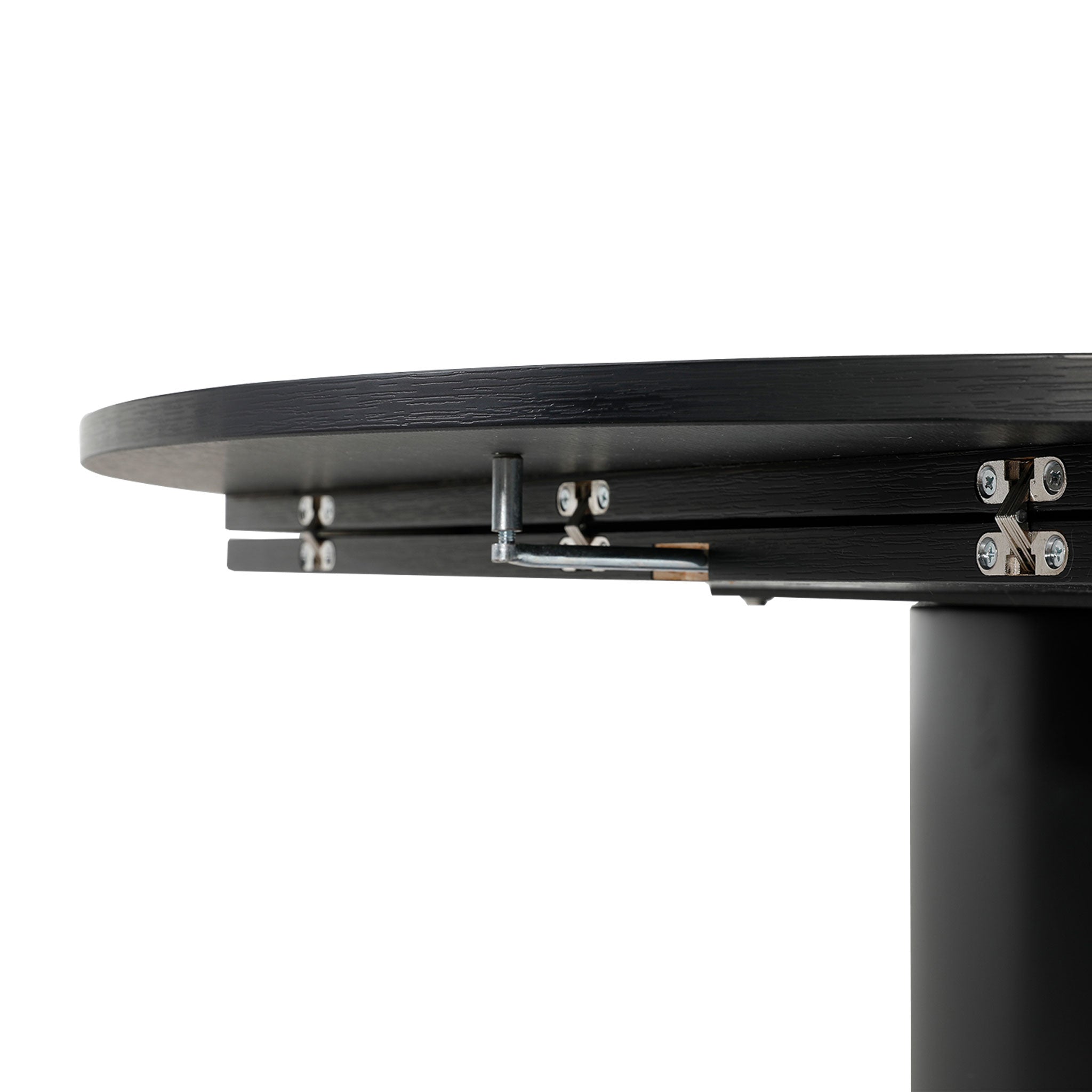 Front view of the Alter round dining table in a sleek black finish featuring a sturdy cylindrical pedestal base