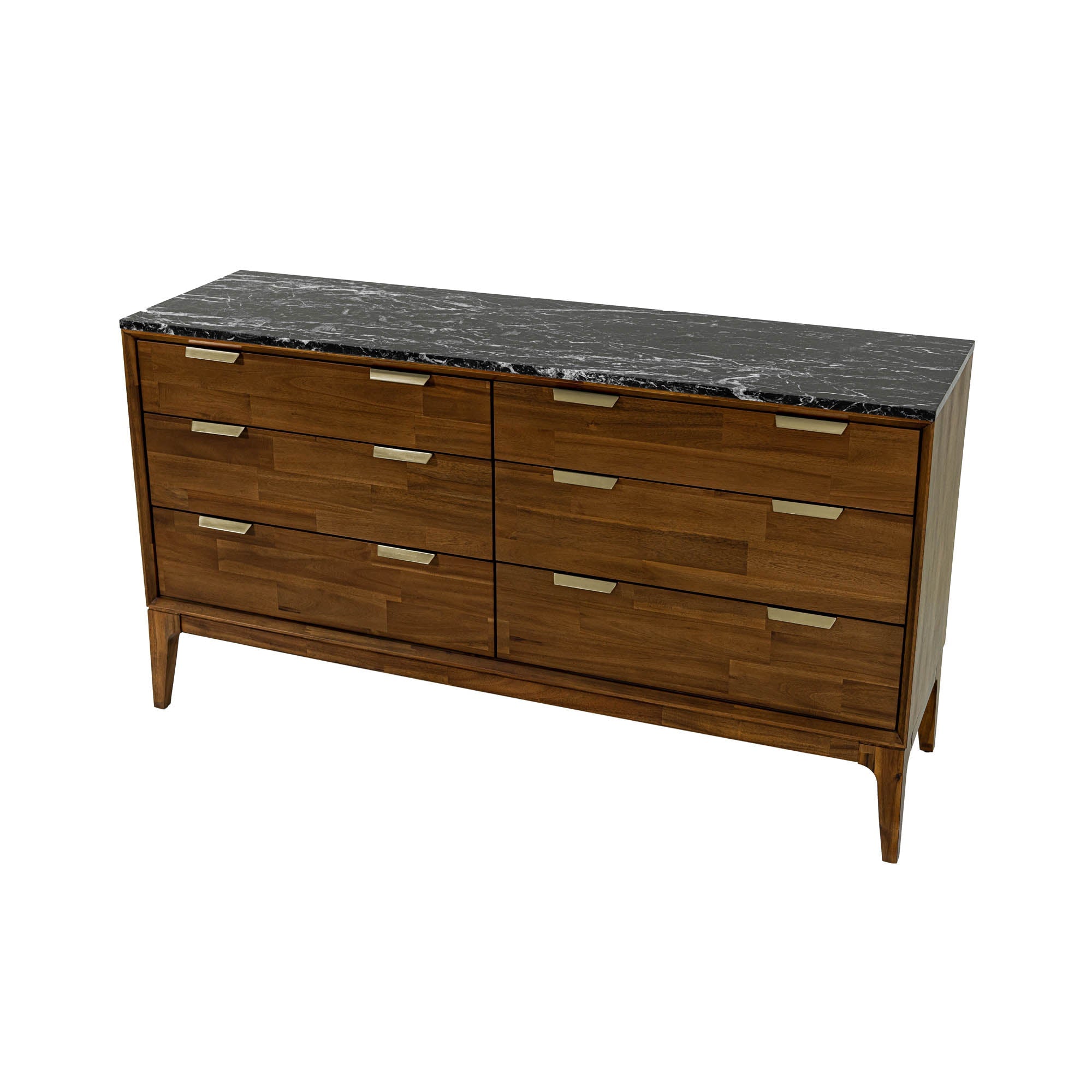 Front view of the Allure 6-drawer dresser featuring a rich walnut wood finish and a striking black faux marble top surface