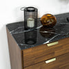 Close-up perspective focusing on the intricate white veining of the black faux marble top surface and the slim metal pull handle