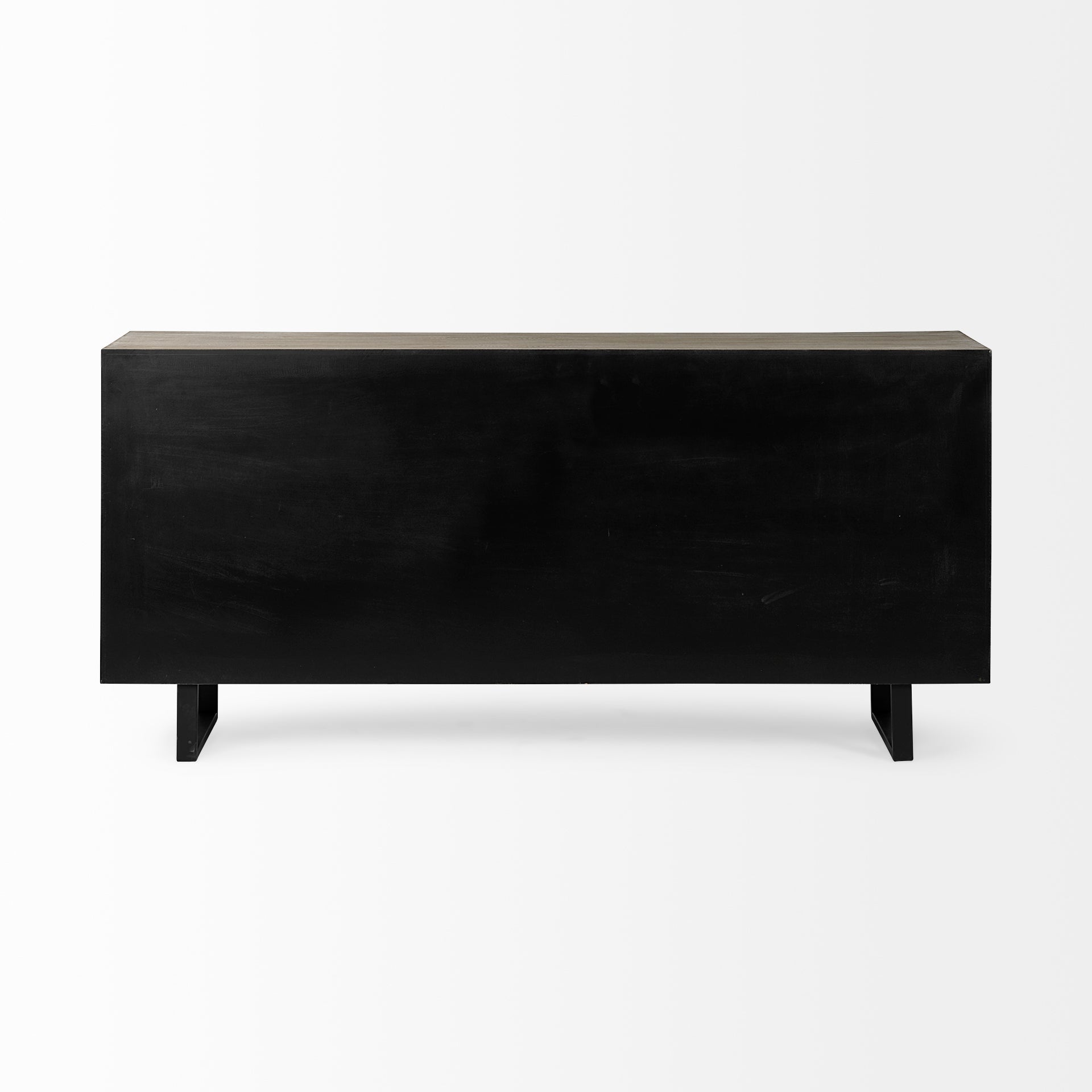 Front view of the Bellefontaine sideboard featuring textured grasscloth door panels and matte black vertical metal handles
