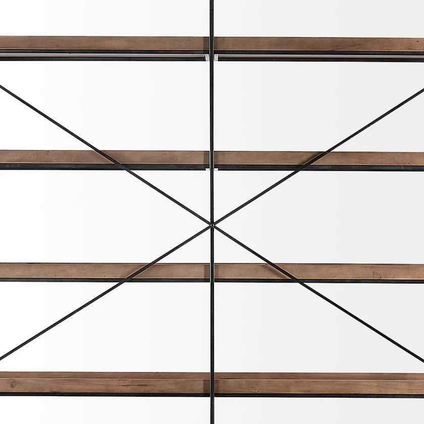 Perspective view of the Trey IV double-wide shelving unit featuring five tiers of medium brown wood trays on a slim black iron frame