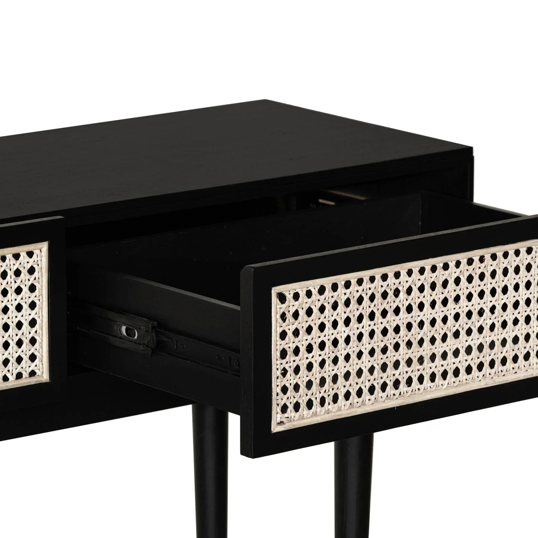 Front view of the Cane console table in a black finish featuring two drawers with natural woven rattan inlays and slim tapered legs