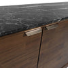 Macro shot focusing on the luxurious black marble top featuring natural white veining and a polished finish