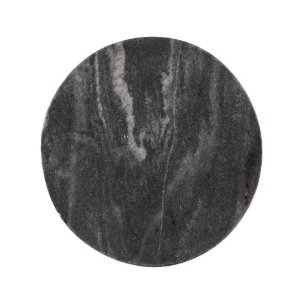 Perspective view of the Caramont drink table featuring a circular black marble top and a slim brass-finished pedestal neck with a conical white marble base