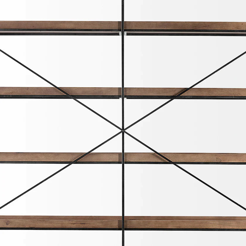 Perspective view of the Trey IV double-wide shelving unit featuring five tiers of rustic wood trays on a slim black metal frame