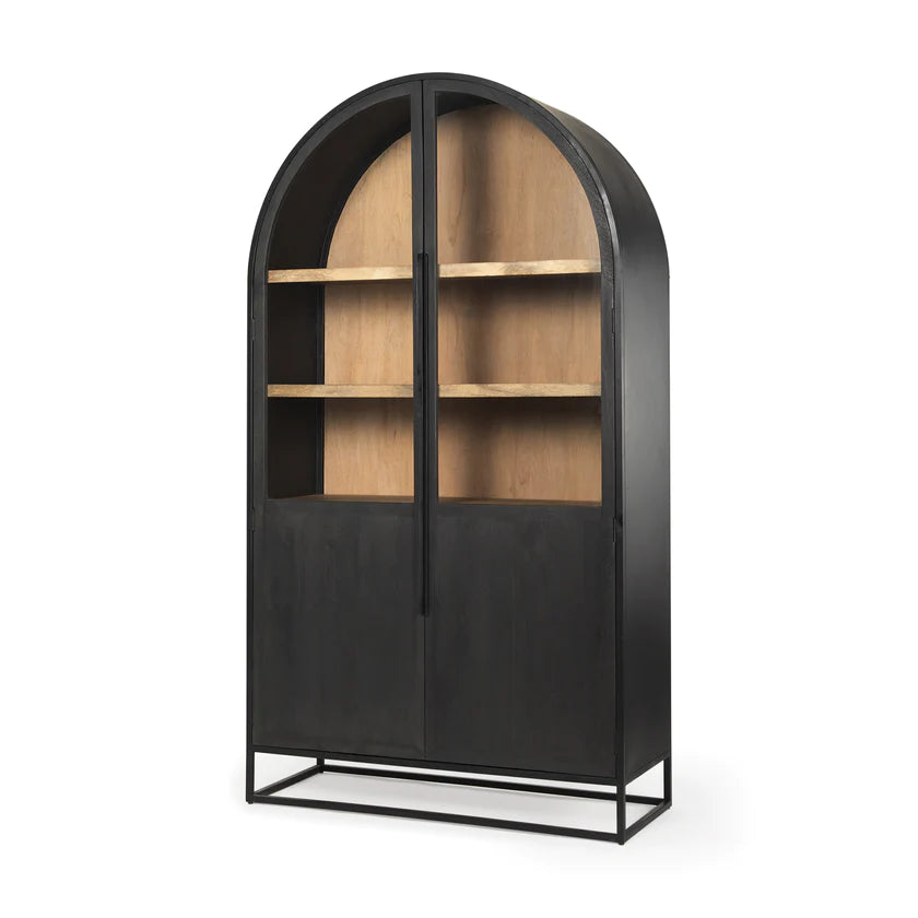 Straight-on front view of the Sloan arch cabinet featuring a matte black finish and natural wood interior shelves