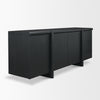 Three-quarter perspective view of the Rowan sideboard in a black oak finish highlighting the unique architectural wrap-around leg design