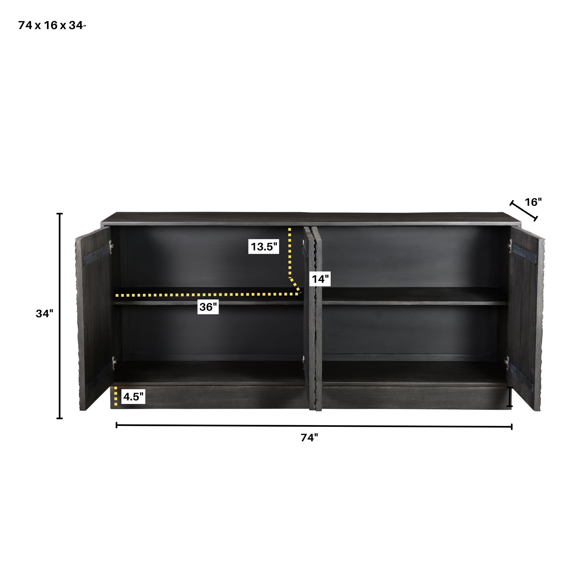 Three-quarter perspective view of the Spiral sideboard featuring a matte black finish and intricate circular relief carvings across four doors