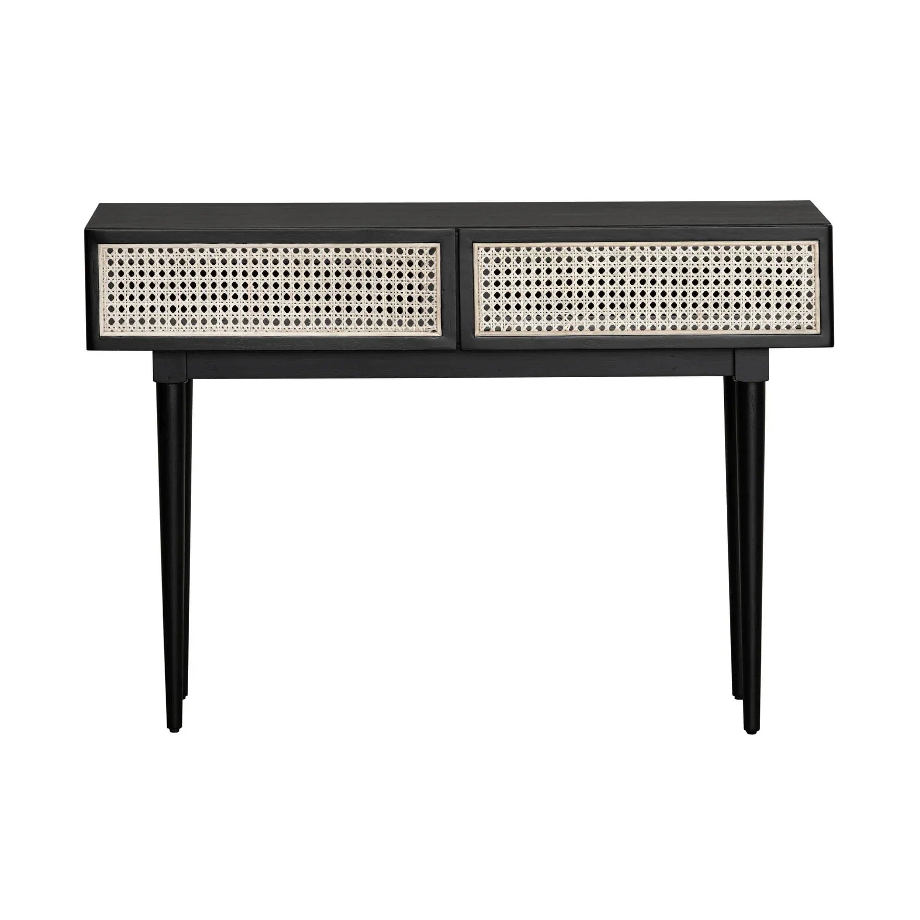 Front view of the Cane console table in a black finish featuring two drawers with natural woven rattan inlays and slim tapered legs