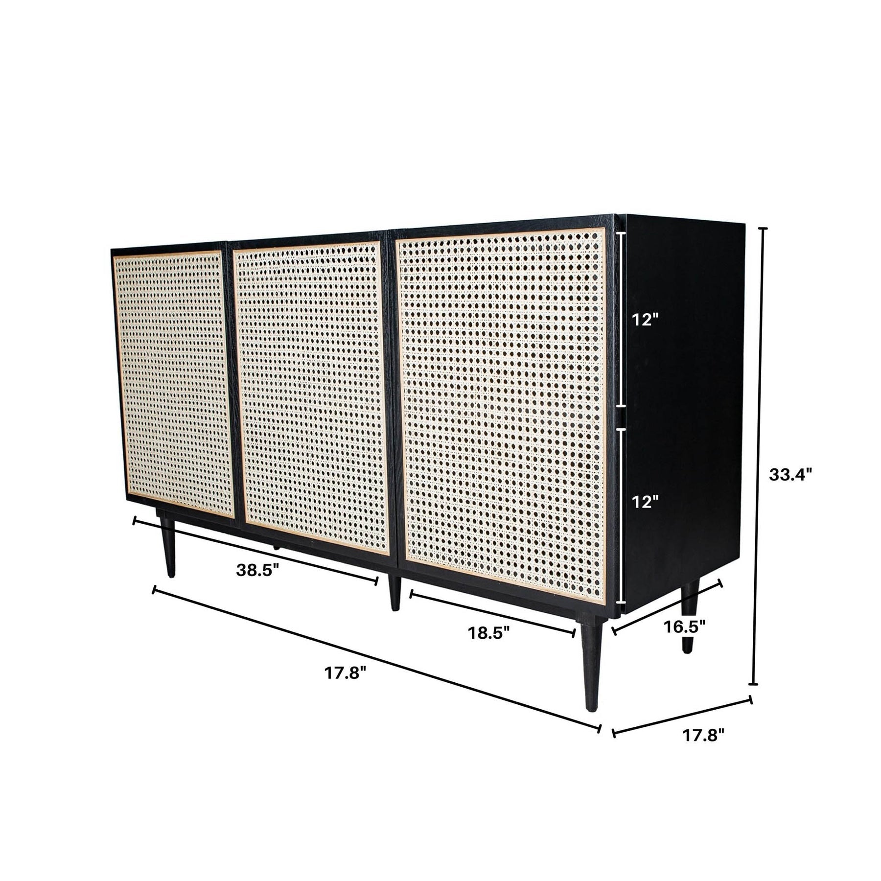 Straight-on front view of the Cane sideboard featuring a matte black wood frame and three natural woven rattan door panels