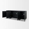 Front view with all four doors open to reveal the spacious black interior and fixed horizontal shelving for organization