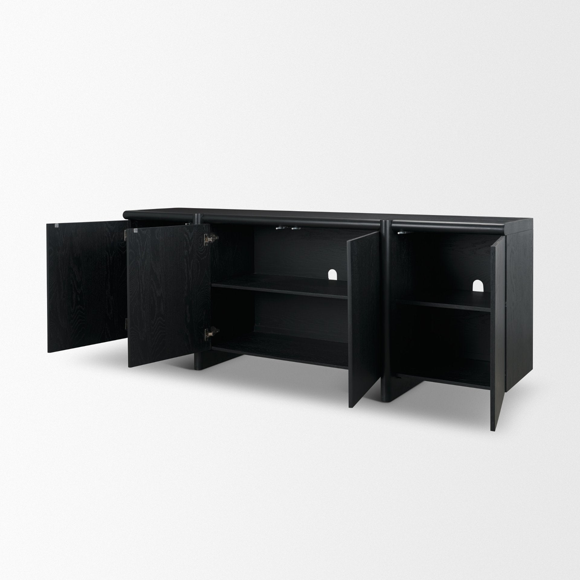 Front view with all four doors open to reveal the spacious black interior and fixed horizontal shelving for organization