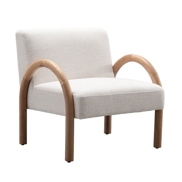 Three-quarter view of the Bo chair highlighting the smooth, curved oak armrests and minimalist seat design.