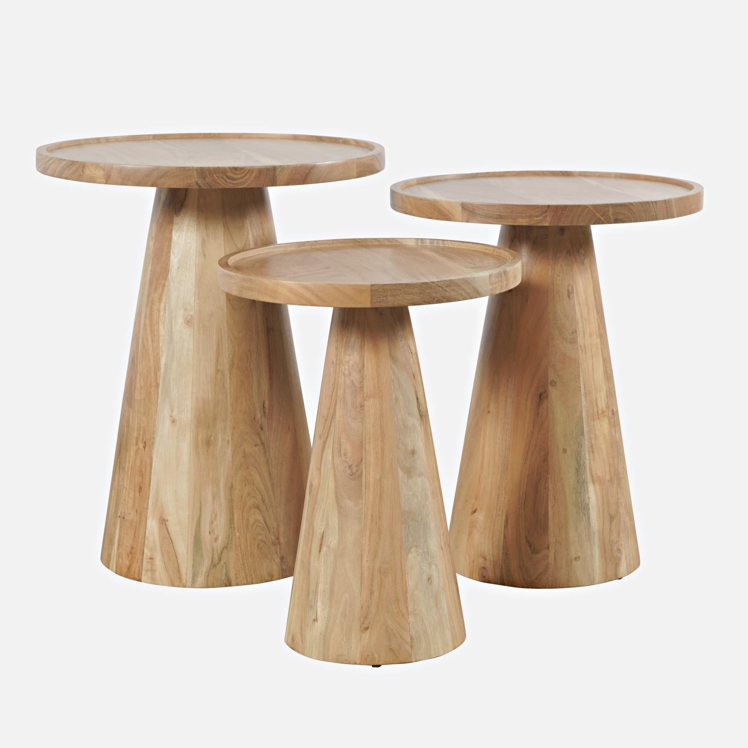 Product shot showing the three natural wood tables arranged to highlight their varying heights and consistent pedestal design