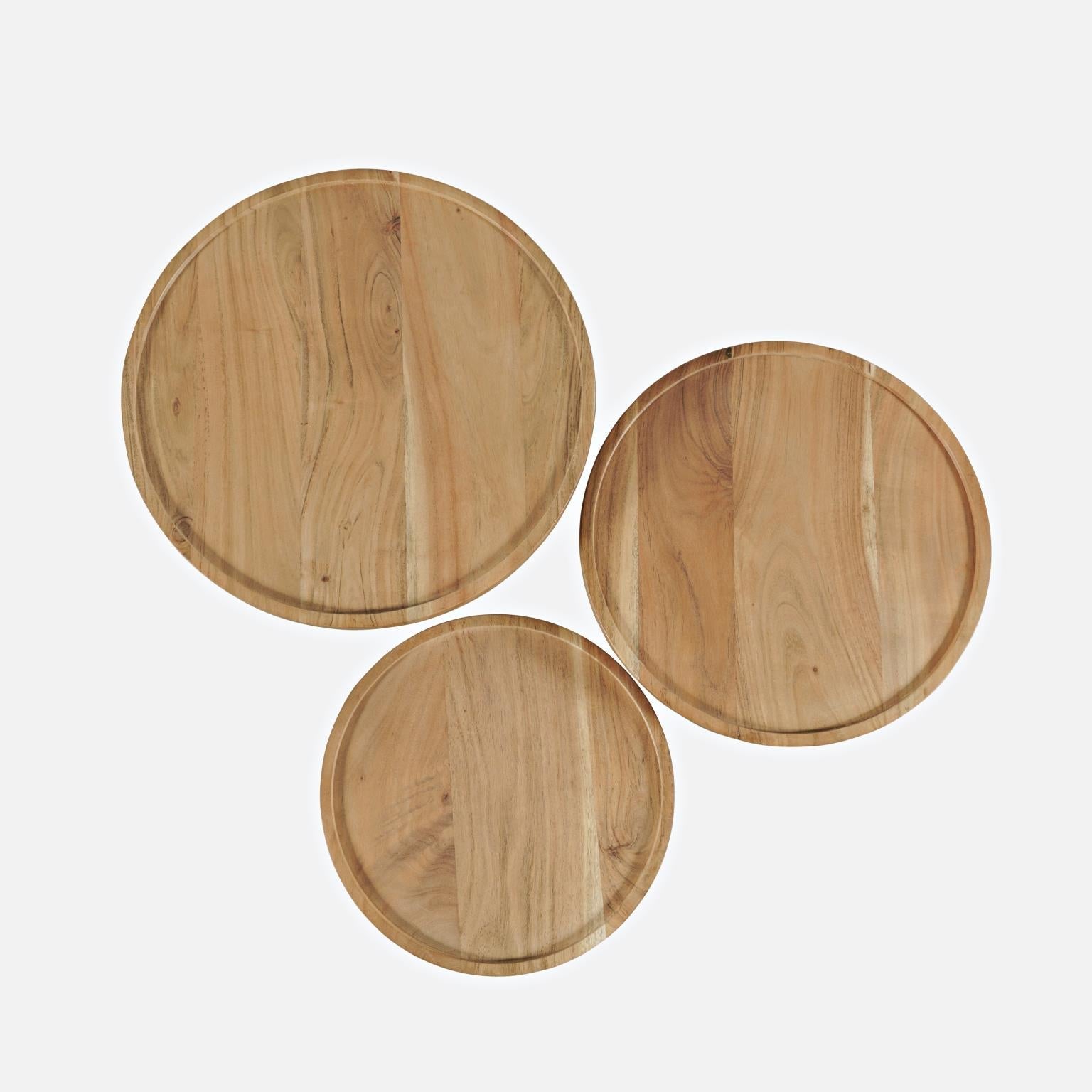 Direct overhead view of the three circular tabletops showcasing the natural wood grain patterns and tray-edge detail