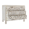 Three-quarter perspective view with all three drawers partially open showcasing the seamless carved design across the drawer fronts
