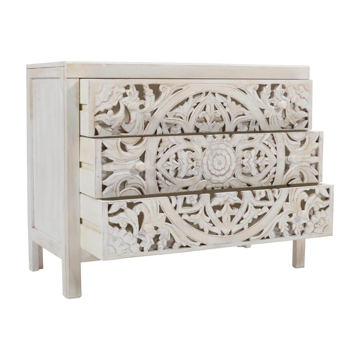 Three-quarter perspective view with all three drawers partially open showcasing the seamless carved design across the drawer fronts