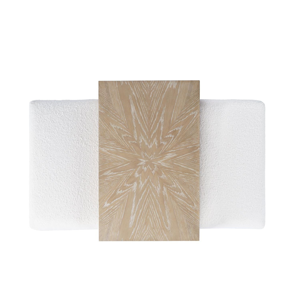 Overhead view showing the rectangular ash wood tray positioned centrally over the plush white bouclé ottoman
