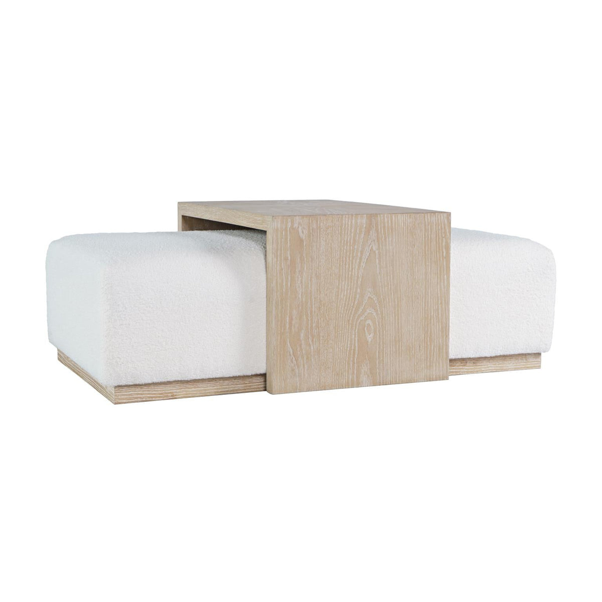 Perspective view showcasing the light wood top sliding across the bouclé ottoman base to create a flexible surface