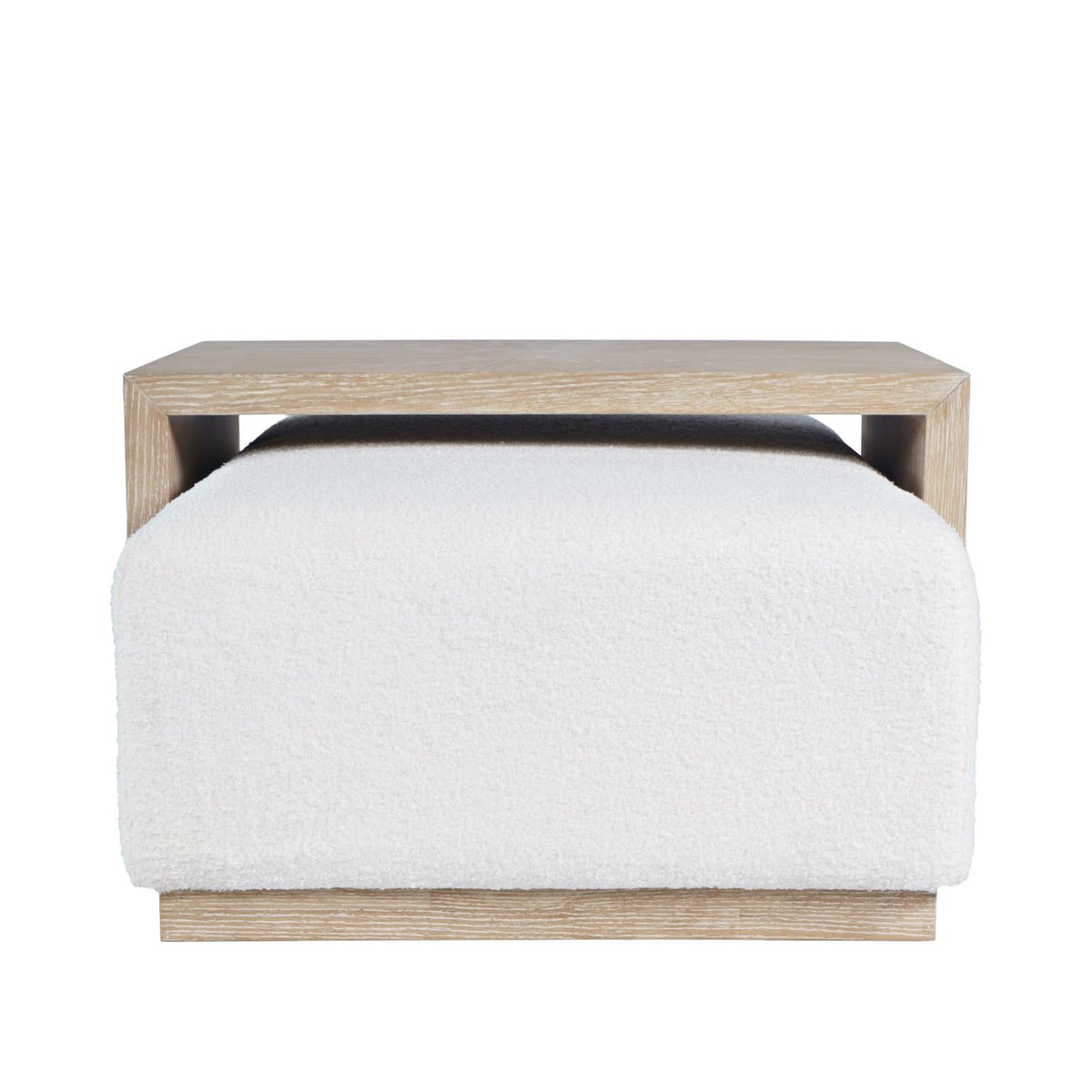 Direct front perspective demonstrating the clean block silhouette and hidden castered base of the Bonn cocktail table