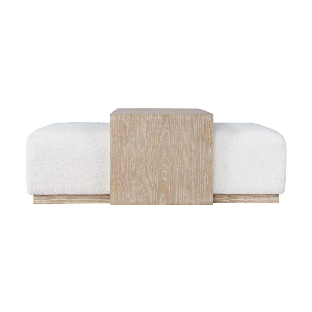 Front view of the Bonn cocktail table featuring a white textured bouclé base and a light ash wood sliding top