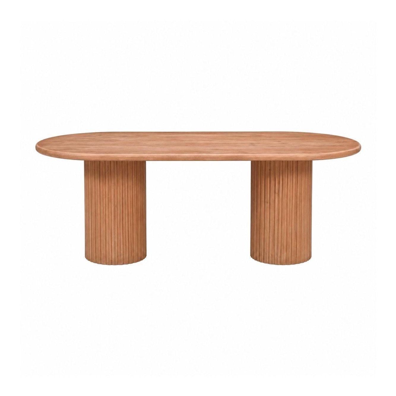 Front view of the 84 inch Breck oval dining table in natural oak featuring two substantial ribbed pedestal bases
