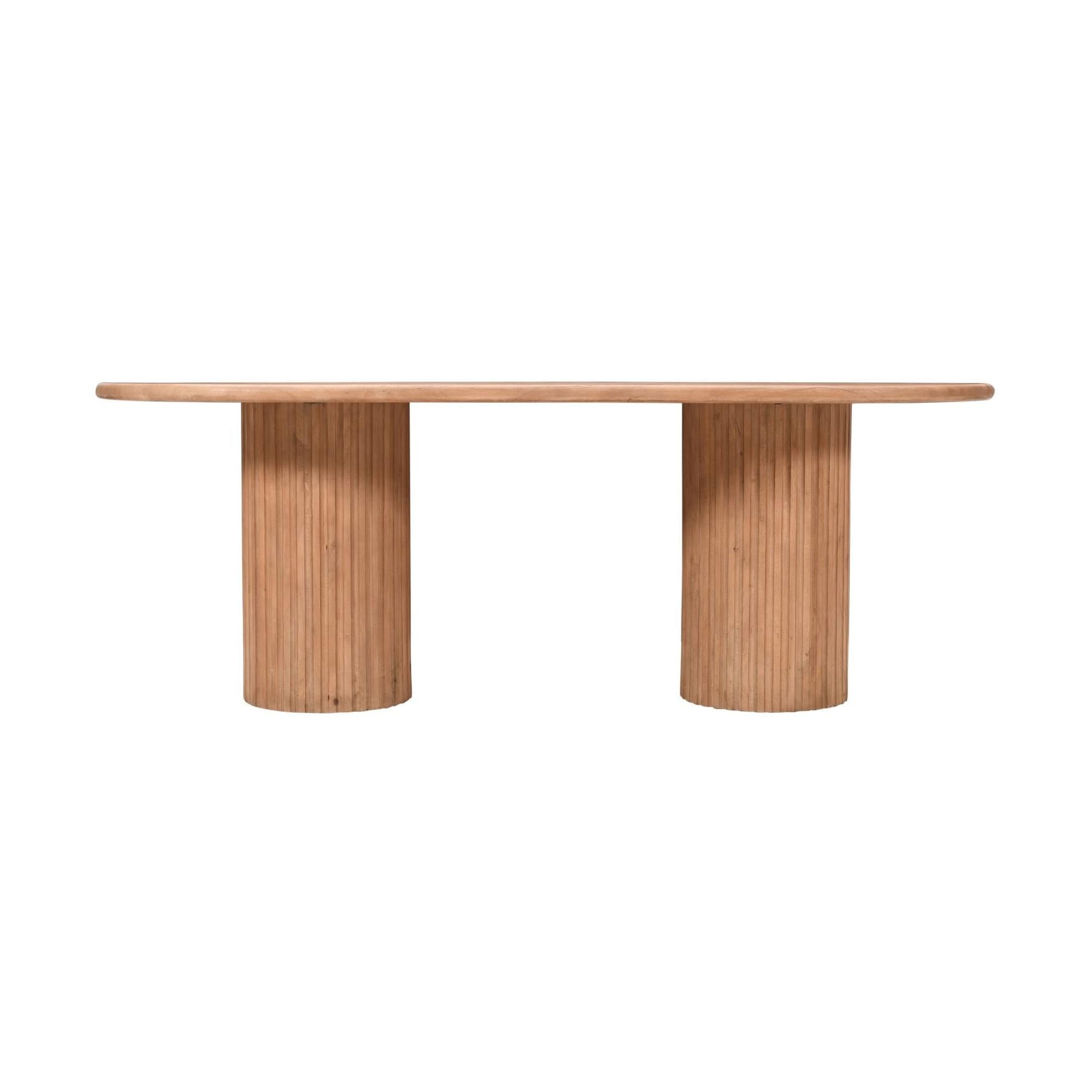 Front view of the 84 inch Breck oval dining table in natural oak featuring two substantial ribbed pedestal bases