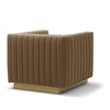 Back view of Bretz mid century chair with vertical channel upholstery