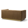 Rear angled view of the brown Bretz Loveseat showcasing the wrap-around channel stitching