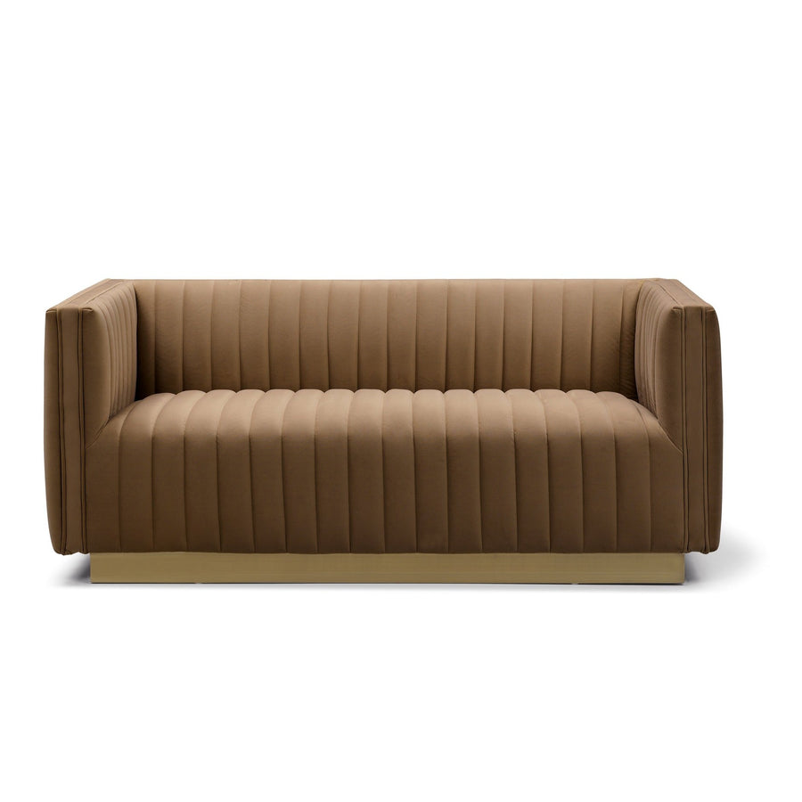 Front view of the Bretz Mid Century Loveseat in brown velvet with vertical channel tufting and gold plinth base