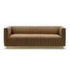 Bretz mid century retro modern sofa in brown velvet with vertical channel tufting and gold stainless steel base at Hygge Design House