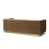 Back view of Bretz retro modern brown velvet sofa with channel detailing