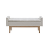 Front view of the Briarson storage bench featuring light gray button-tufted upholstery and natural wood tapered legs